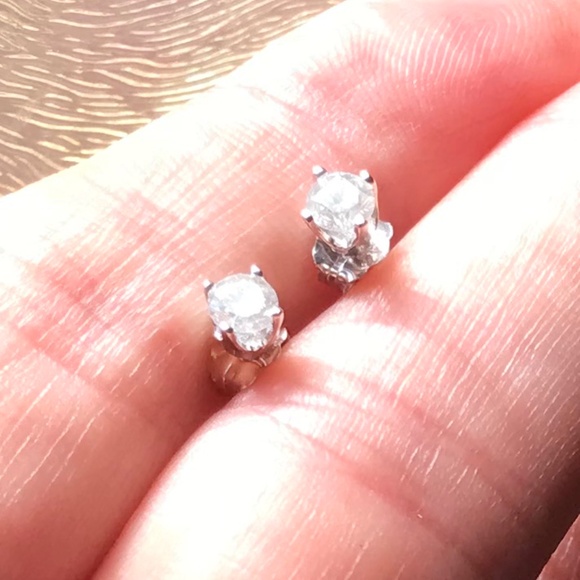 Solid 14K White Gold & Genuine Diamond Stud Earrings - Picture 5 of 11